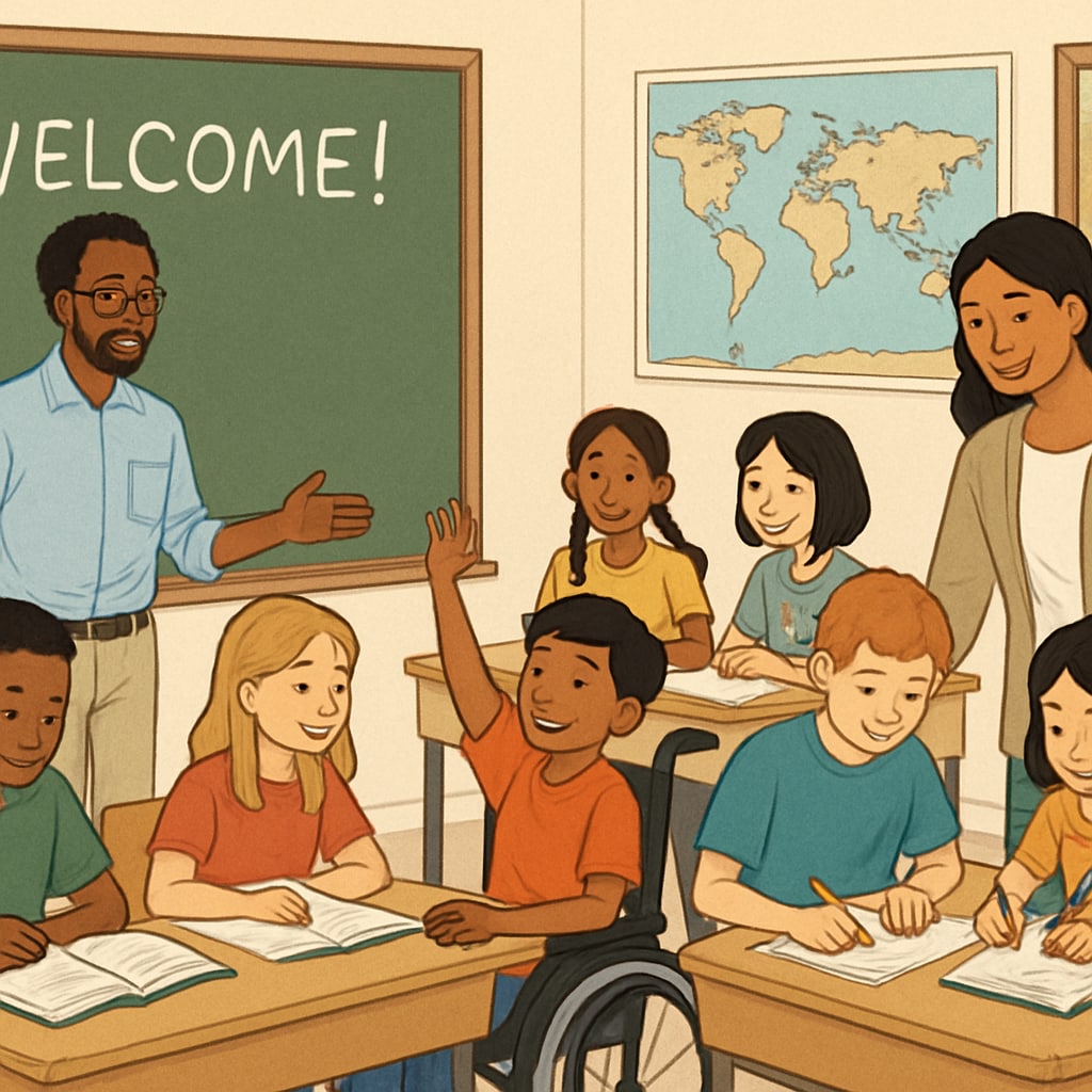 A classroom setup featuring diverse teachers and students, symbolizing inclusive education and the importance of diversity in teacher hiring policies. Diverse teachers and students in a classroom setting, linked to political ideology screening in teacher hiring.