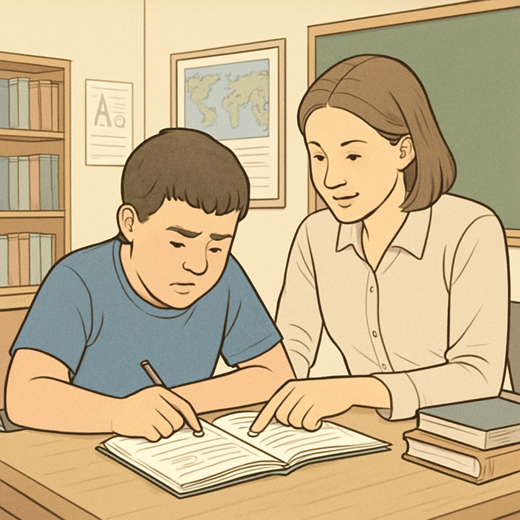 A student with learning difficulties receiving tutoring support in an inclusive education system.