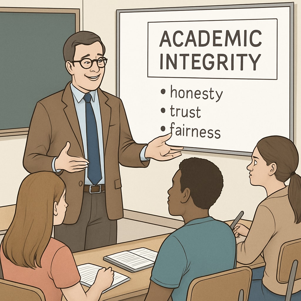 A professor standing in front of a class discussing academic integrity, emphasizing mutual respect.