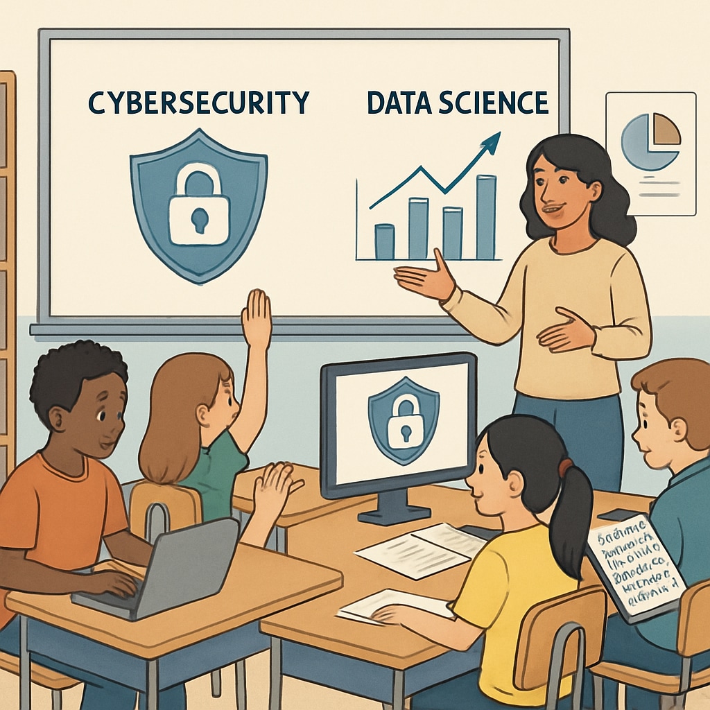 K12 students engaging with cybersecurity and data science topics in a classroom.