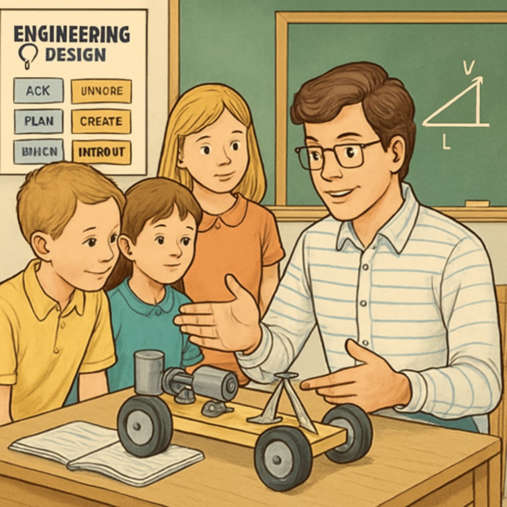 A dual-degree student demonstrating an engineering project to younger students.