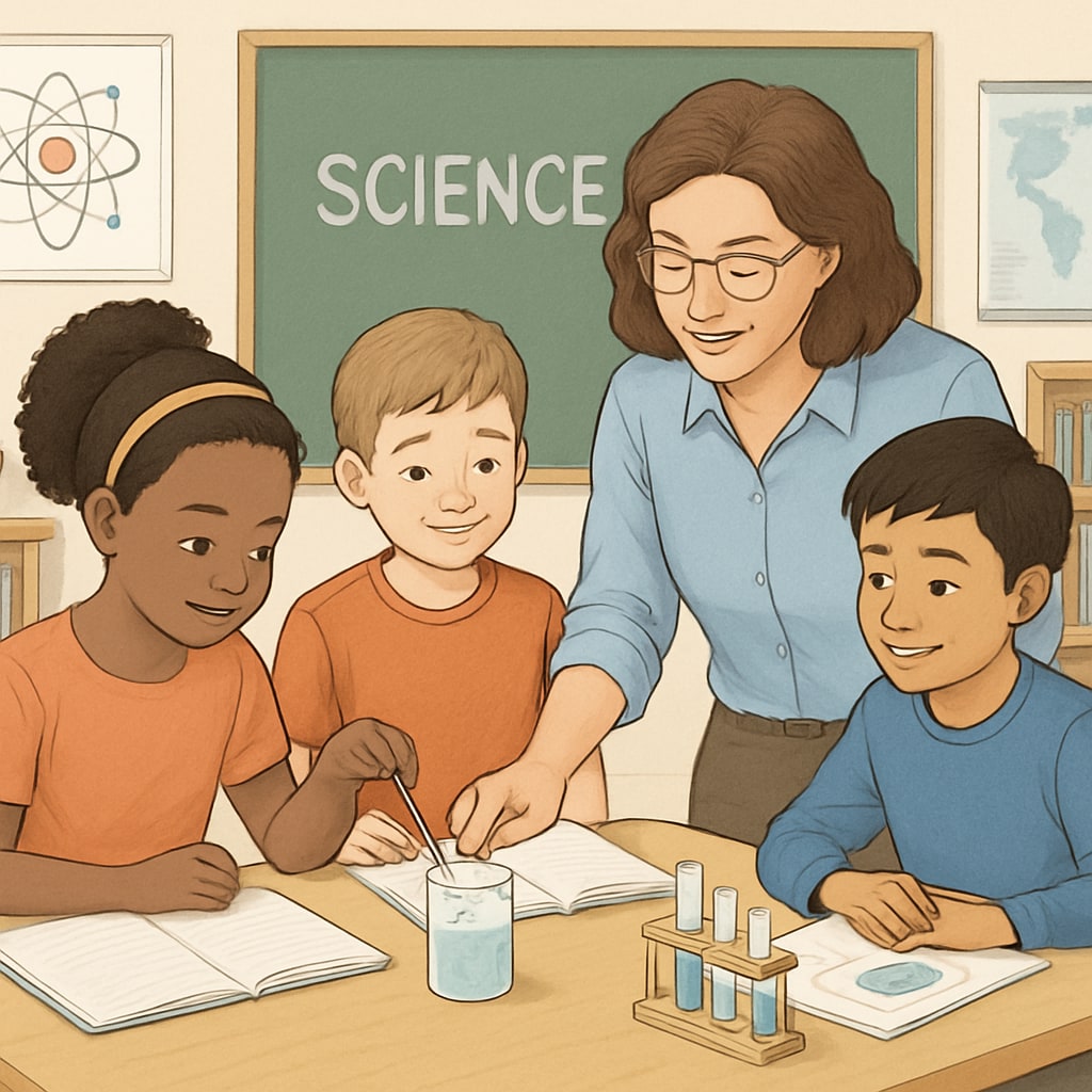 A teacher guiding English learners in a science experiment using visual aids and hands-on activities.