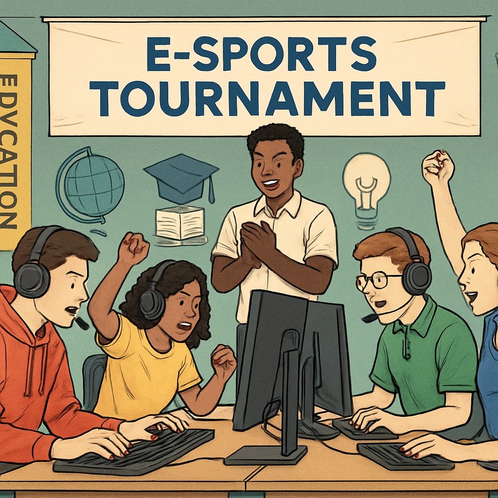 A high-energy esports tournament featuring students competing, with educational banners in the background. Students competing in an esports tournament with educational themes.