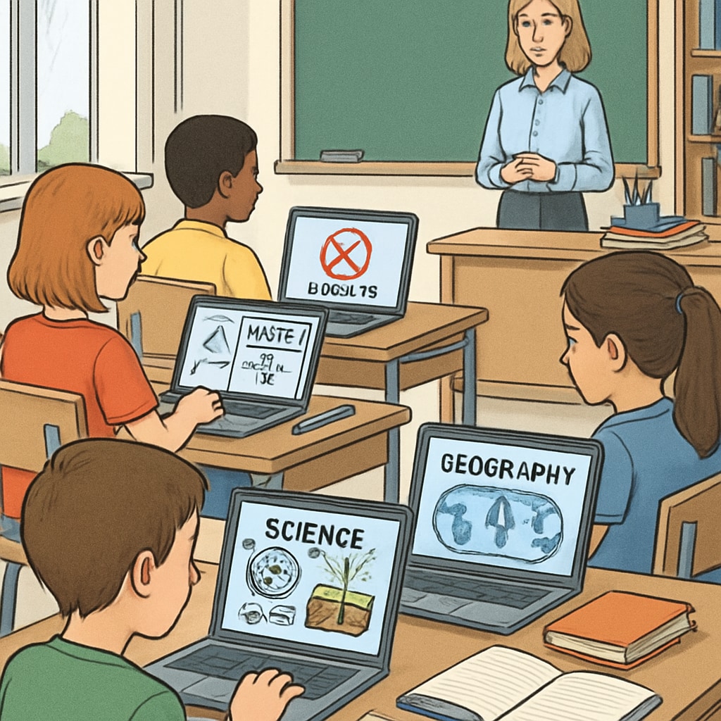 Students in a classroom using laptops, showcasing the effects of age verification laws on accessing educational content.