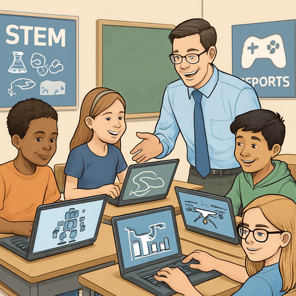 A classroom setting where students use laptops to engage in esports-inspired STEM projects, guided by a teacher. Students in a classroom learning STEM through esports-based activities.