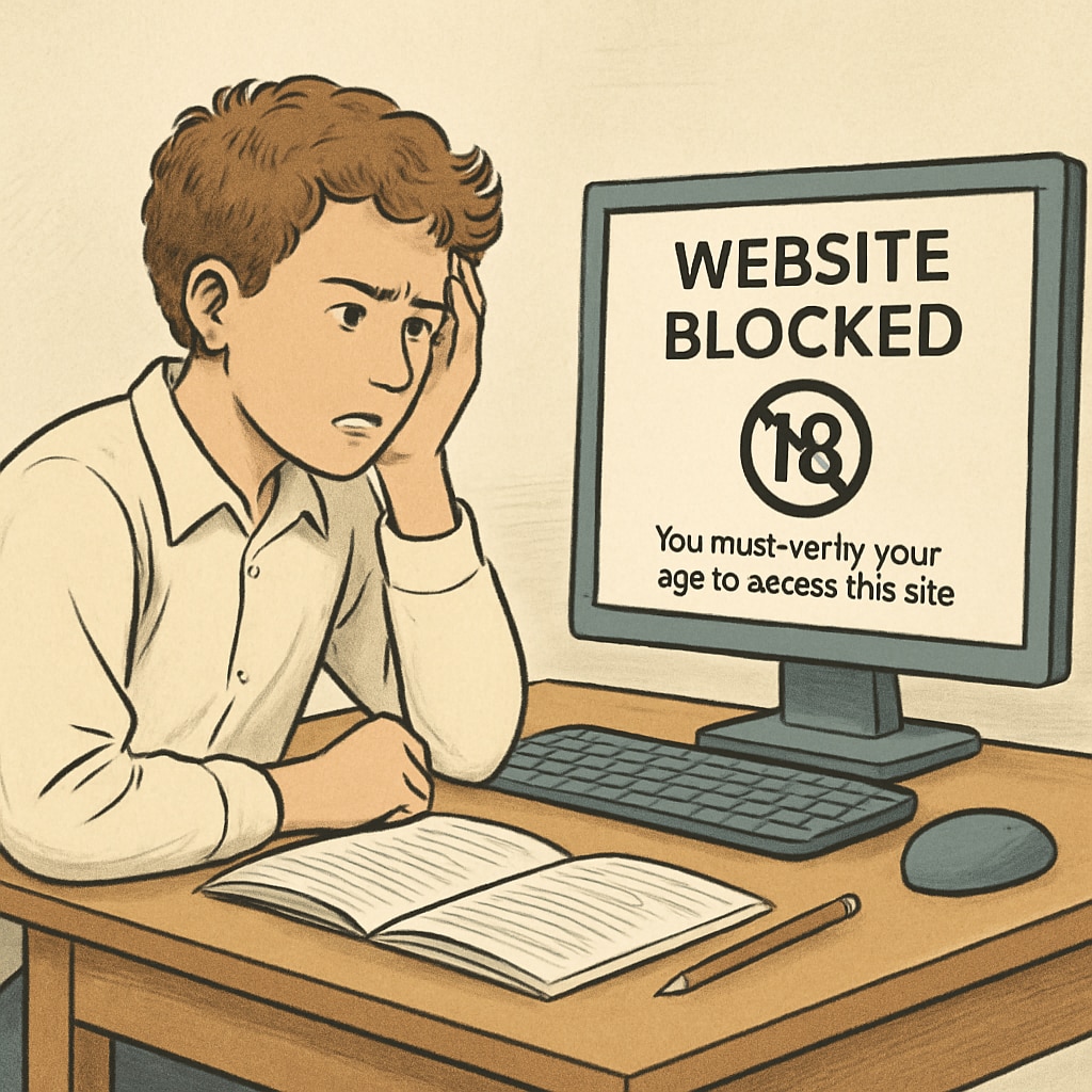 A student facing internet restrictions, illustrating the challenges age verification laws pose for K12 learners.
