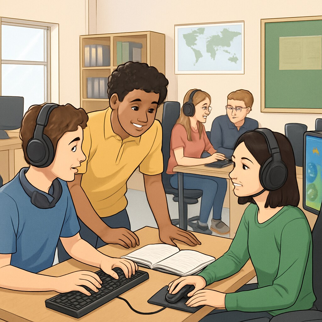 A classroom setting where students are participating in esports-related educational activities, showcasing teamwork and learning. The students are engaged in collaborative tasks while gaming equipment is visible. Students in a classroom actively participating in esports-based learning activities.
