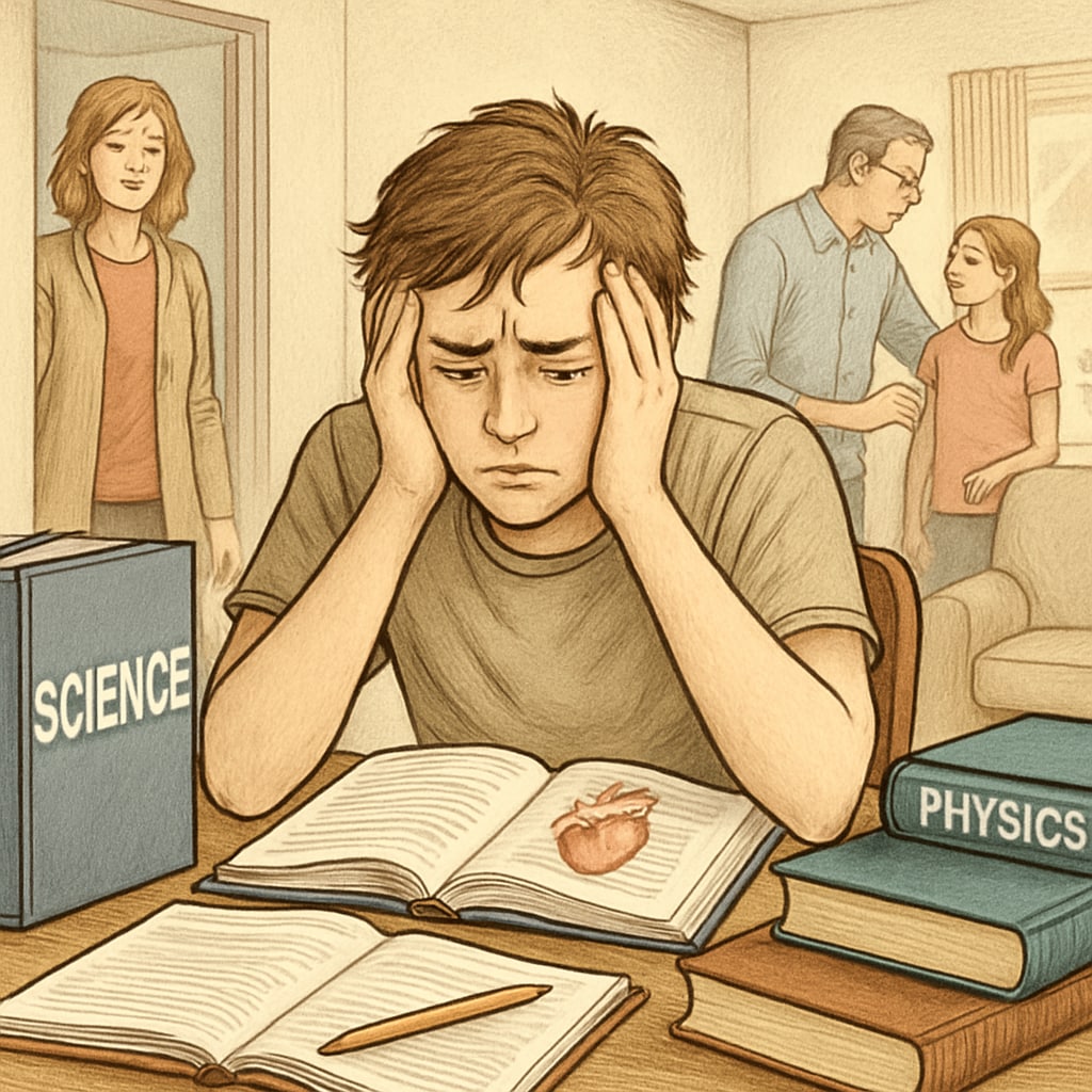 Student facing learning difficulties while studying science, reflecting family pressure and educational challenges.