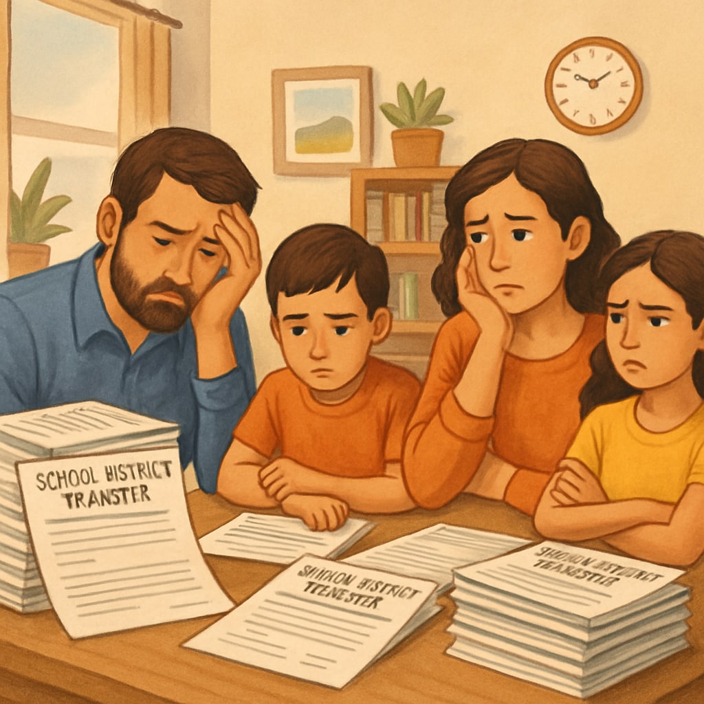 Family struggling with school transfer paperwork.