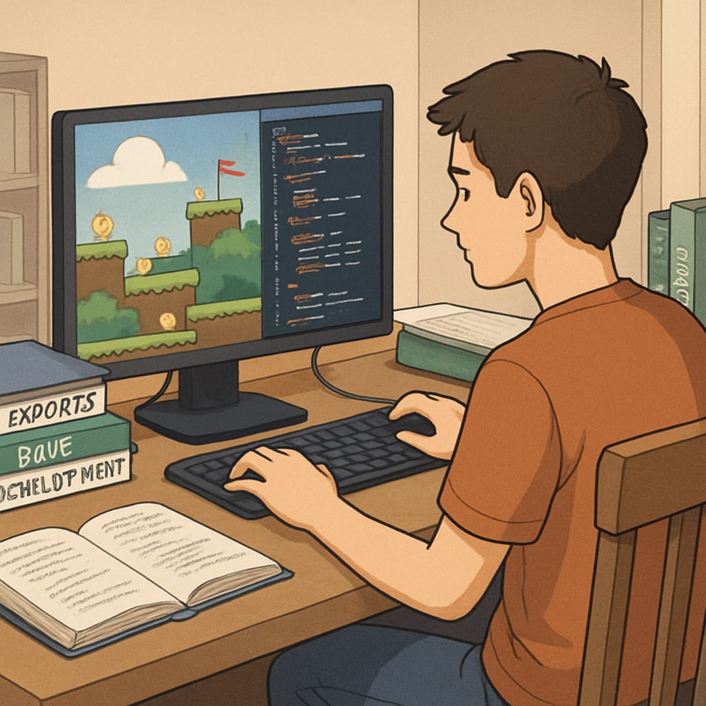 A student working on a coding project related to esports game development, highlighting educational innovation. The project involves designing elements for an esports game while learning programming skills. A student coding an esports game development project in an educational setting.