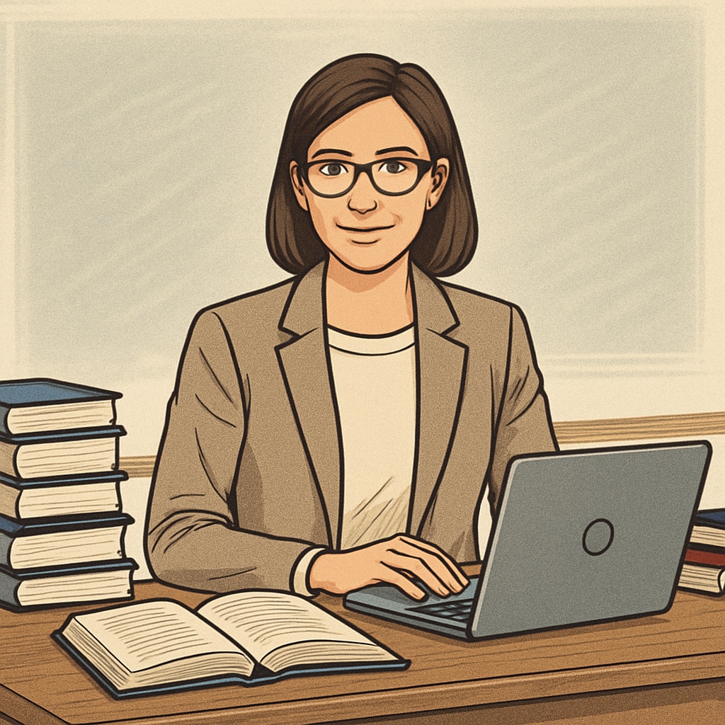 A teacher managing books and a laptop to balance career and education.