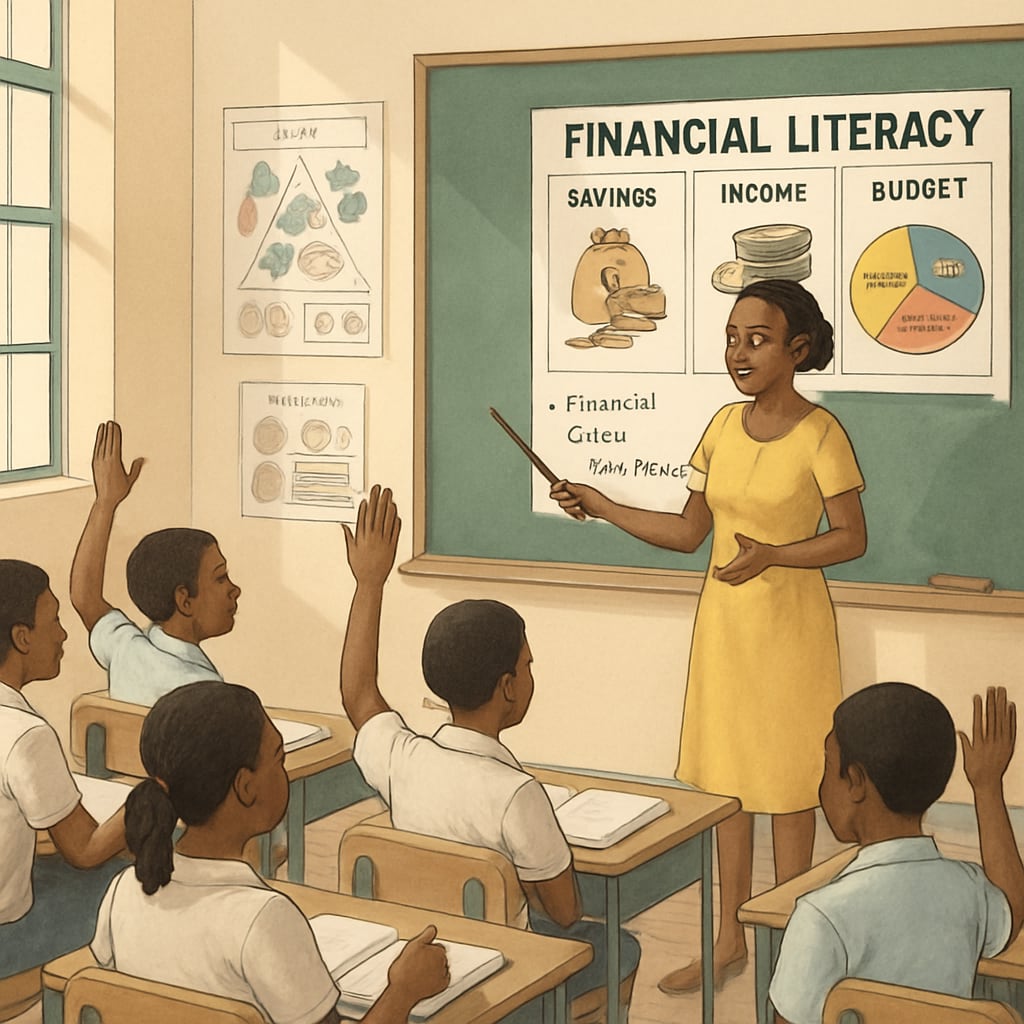 A classroom in a developing nation where students are engaging in financial literacy activities. The teacher is using visual aids to explain financial concepts. Students in a developing nation learning about financial literacy in a classroom setting.