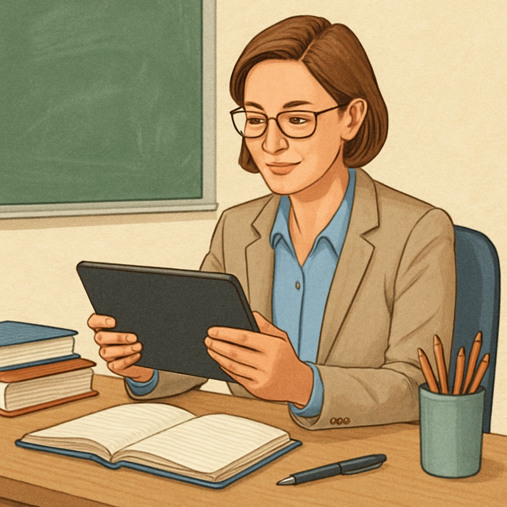 A teacher using a tablet for online study, showcasing the role of tech in education.