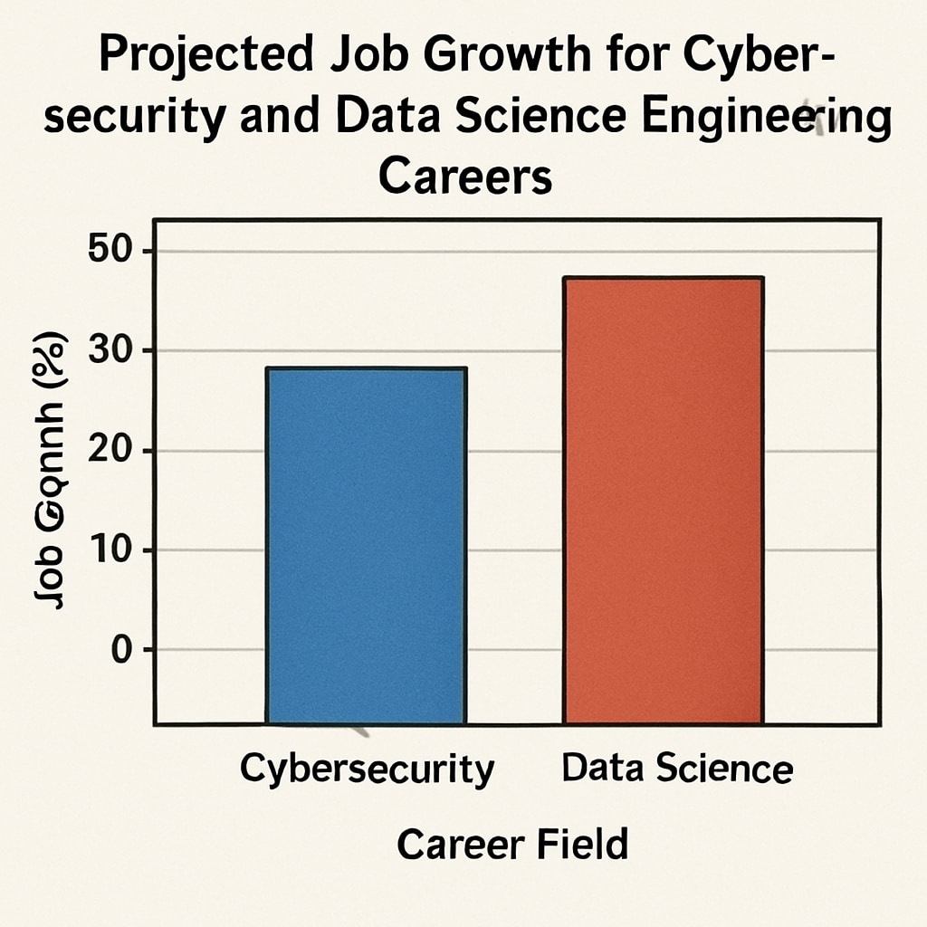 A bar graph illustrating the projected job growth for cybersecurity and data science engineering careers over the next decade. Job growth comparison for cybersecurity and data science careers.