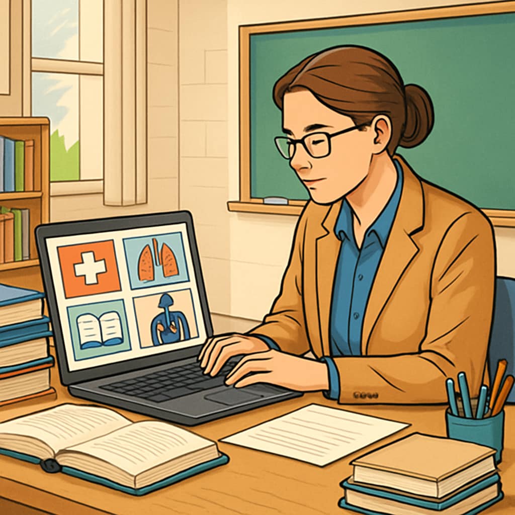 Teacher accessing medical education resources on a laptop for K-12 teaching.