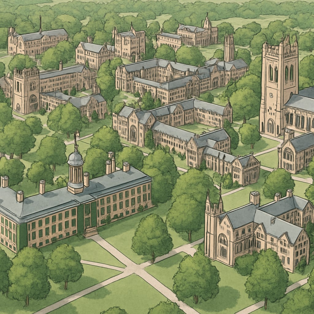 Aerial view of Princeton University's iconic campus, highlighting its historic architecture and green spaces. Image of Princeton University's campus reflecting Ivy League prestige.