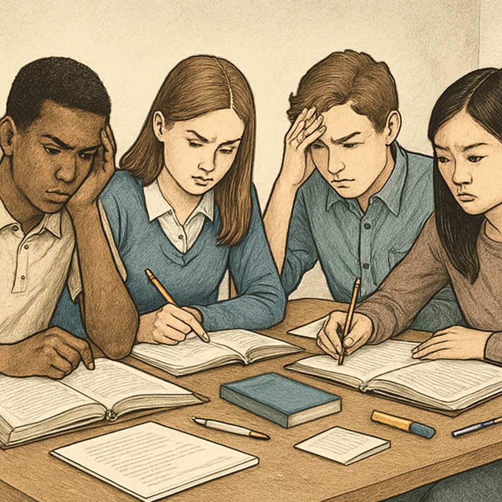 A group of high school students studying together, symbolizing the pressure many face due to the Ivy League admissions race. High school students studying, representing Ivy League admissions pressure.