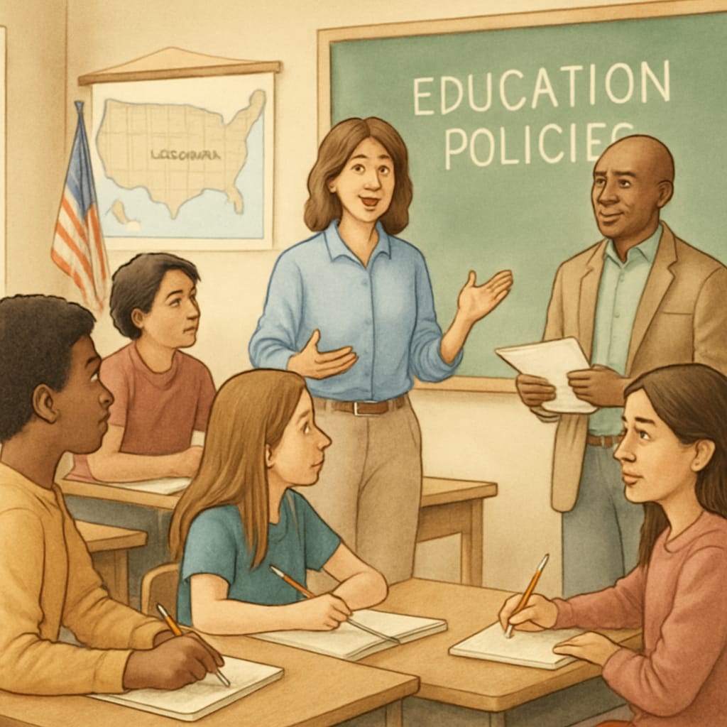 A classroom setting in Oklahoma with diverse students and teachers engaging in discussion about educational policies. Classroom discussion about educational policies in Oklahoma.