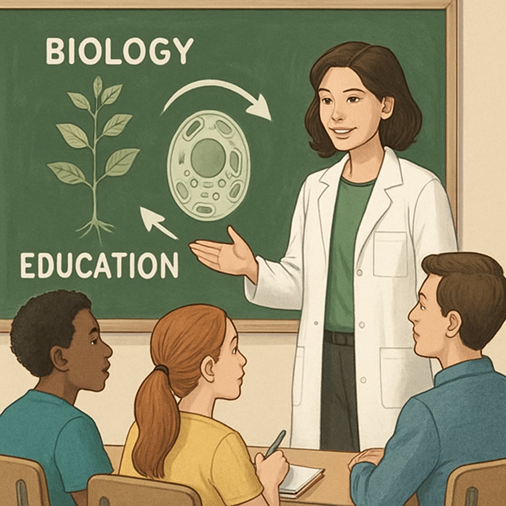 Biology graduate teaching STEM concepts in a classroom.