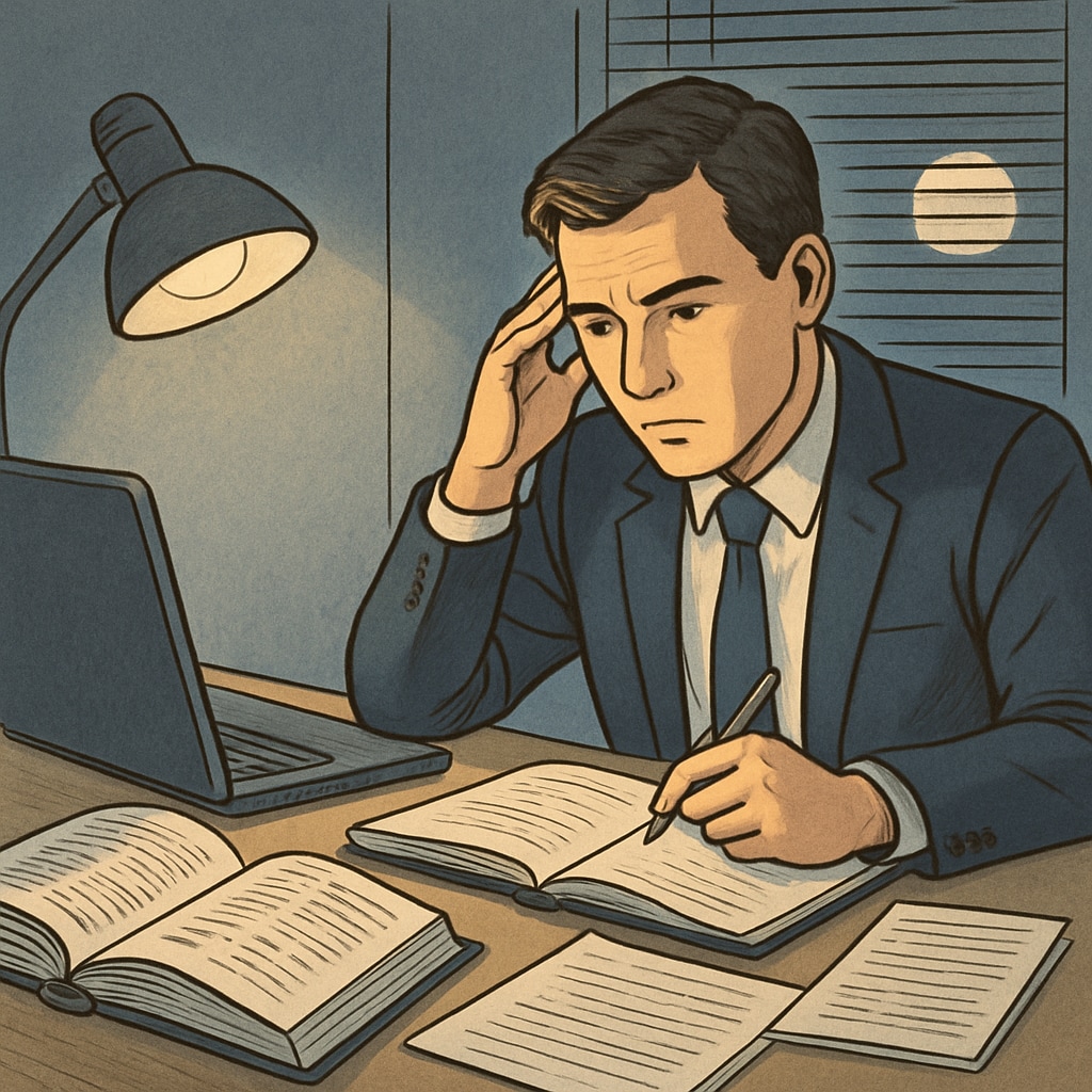 A professional studying late at night with a laptop and books on a desk, symbolizing the time pressures of combining work and education. A professional balancing master's degree, career development, and time management.