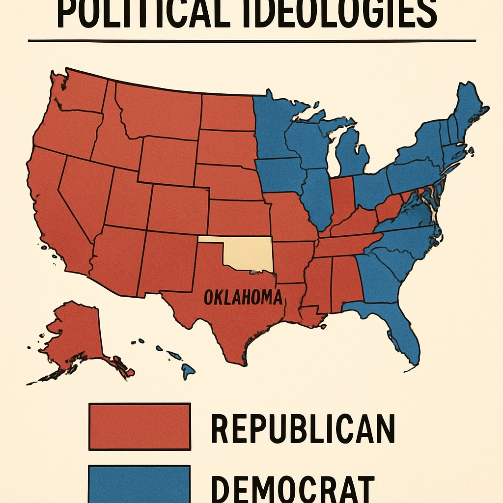A graphic depicting the division between political ideologies in the United States, with Oklahoma highlighted. Political division graphic highlighting Oklahoma’s stance.