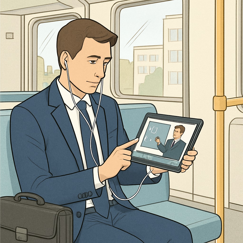 A working professional attending an online lecture on a tablet during a commute, highlighting flexible learning options. A professional using time management to attend an online master's degree lecture during a commute.