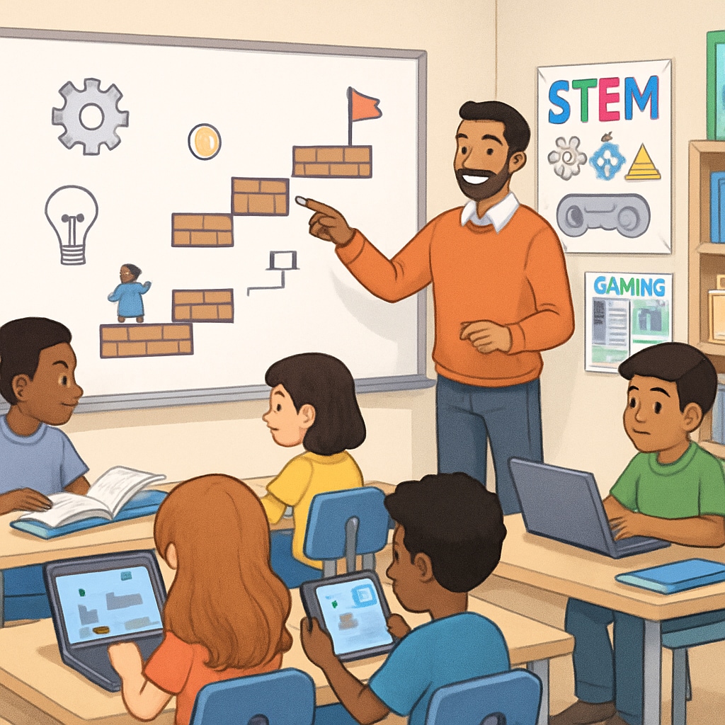 An educator using video games to teach STEM skills in a classroom setting.