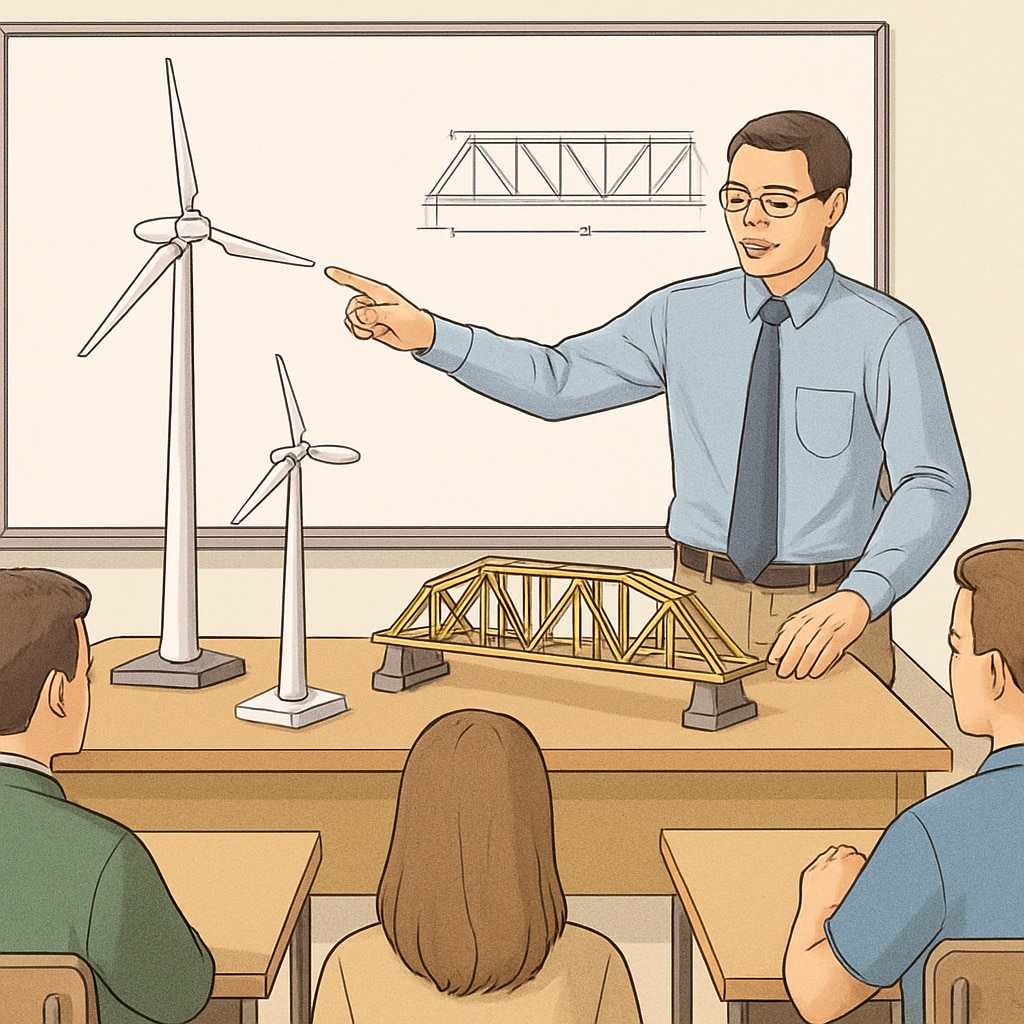 A classroom setting where a teacher is using engineering models to explain concepts to students. Classroom with a teacher using engineering models in a teaching session, representing dual-degree education and engineering.