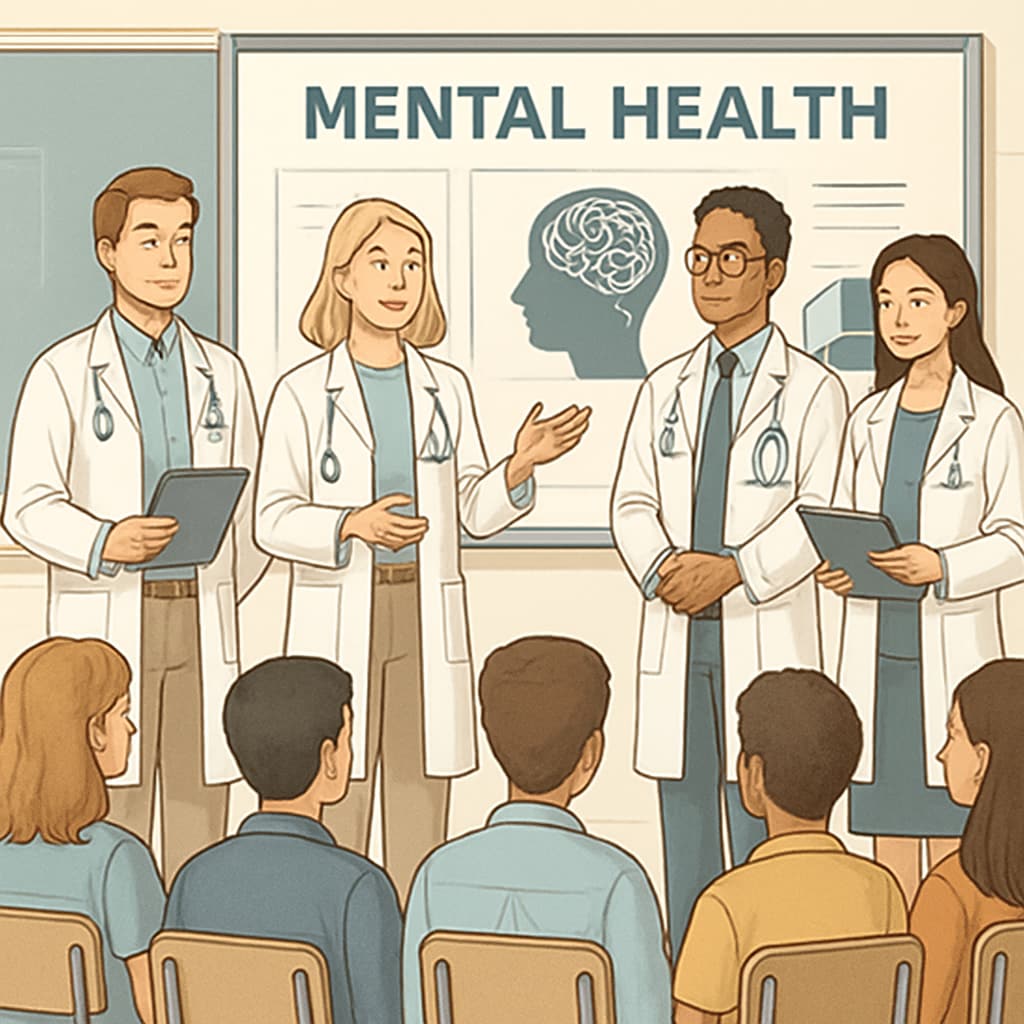 Medical students presenting mental health topics to high school students during an assembly.