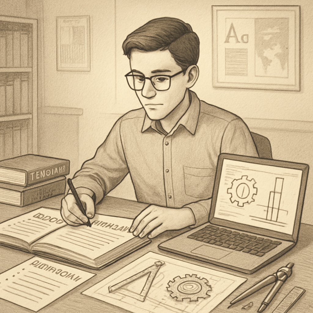 A student working on both a teaching curriculum and an engineering project simultaneously. A dual-degree student managing both teaching and engineering tasks, symbolizing education and engineering integration.