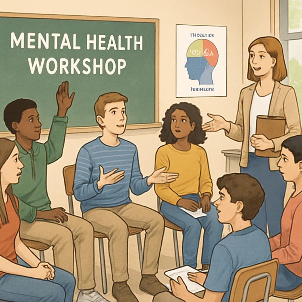 High school students engaging in a workshop about mental health awareness and coping strategies.