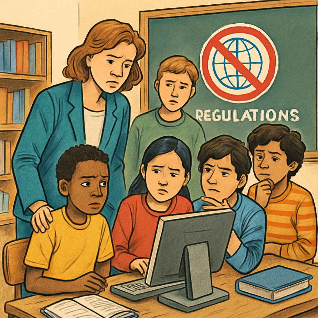 A teacher and students using a computer in a classroom, symbolizing challenges in accessing online educational resources under internet regulations. Teacher and students in a classroom using a computer, reflecting the role of content regulation in education.