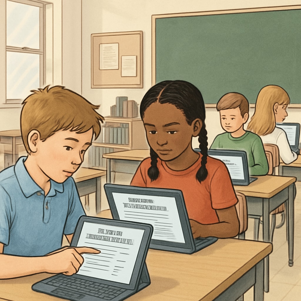 Students engaging with free reading comprehension tools as A.R. alternatives.