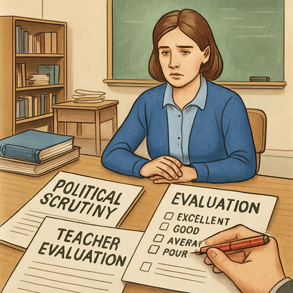 A teacher being evaluated with documents and forms, symbolizing political scrutiny in education. Teacher evaluation documents symbolizing political scrutiny in education.