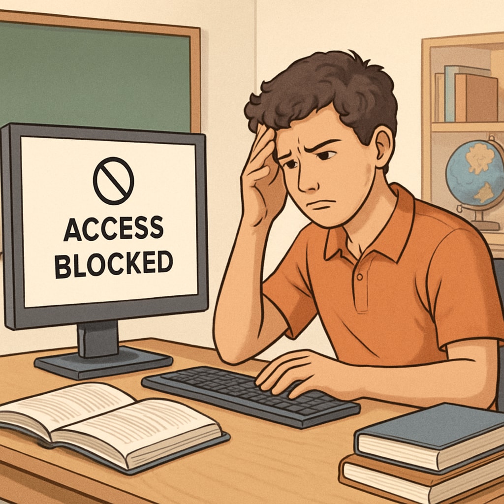 A student struggling to access a blocked educational website, highlighting the unintended consequences of content regulation on learning. Student facing a blocked website on a screen, illustrating content regulation challenges in K-12 education.