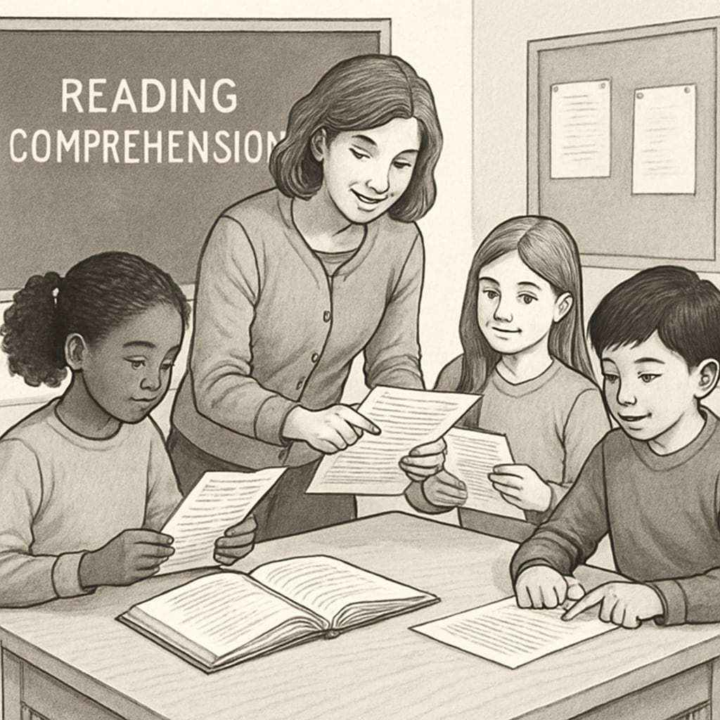A teacher helping students with reading comprehension exercises, an alternative to A.R. tests.