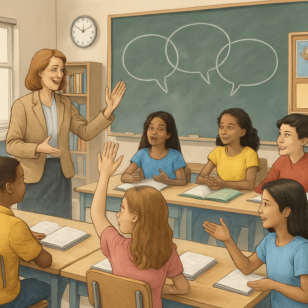 A classroom with diverse students and a teacher engaging in open discussion, representing the importance of diverse ideas in education. Diverse classroom discussion highlighting the need for open perspectives in education.