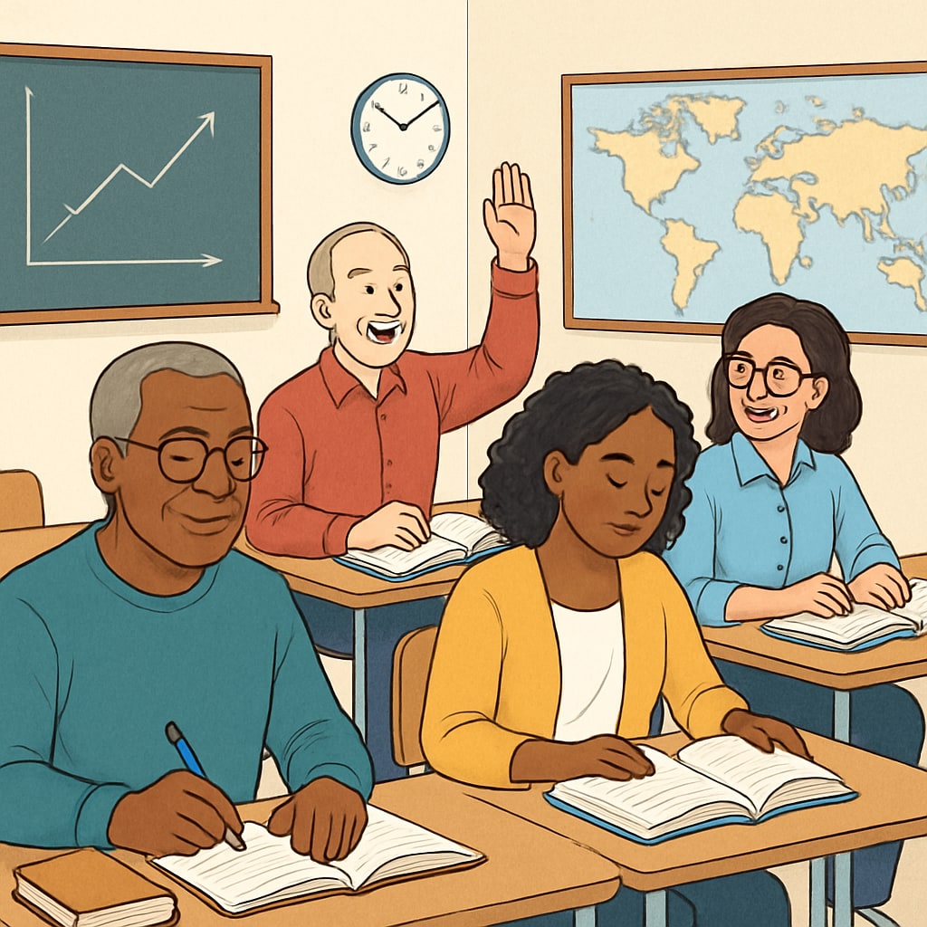 A diverse group of adults in a classroom setting, symbolizing lifelong learning. Adults in a classroom participating in lifelong learning opportunities.