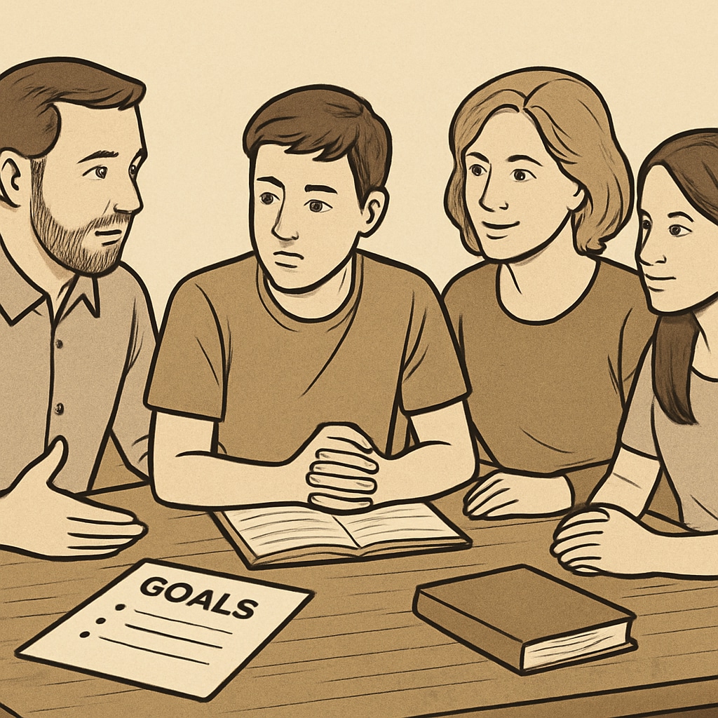 A supportive family sitting together at the dining table, discussing and planning goals to enhance the teen's motivation and education. Family discussing educational goals to support teen motivation and learning.