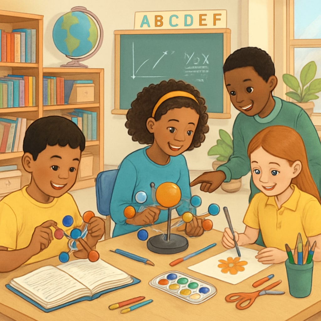 Students in a public school classroom engaging in hands-on learning, highlighting the importance of funding for educational resources. Public school students in a classroom, showcasing the impact of education funding.