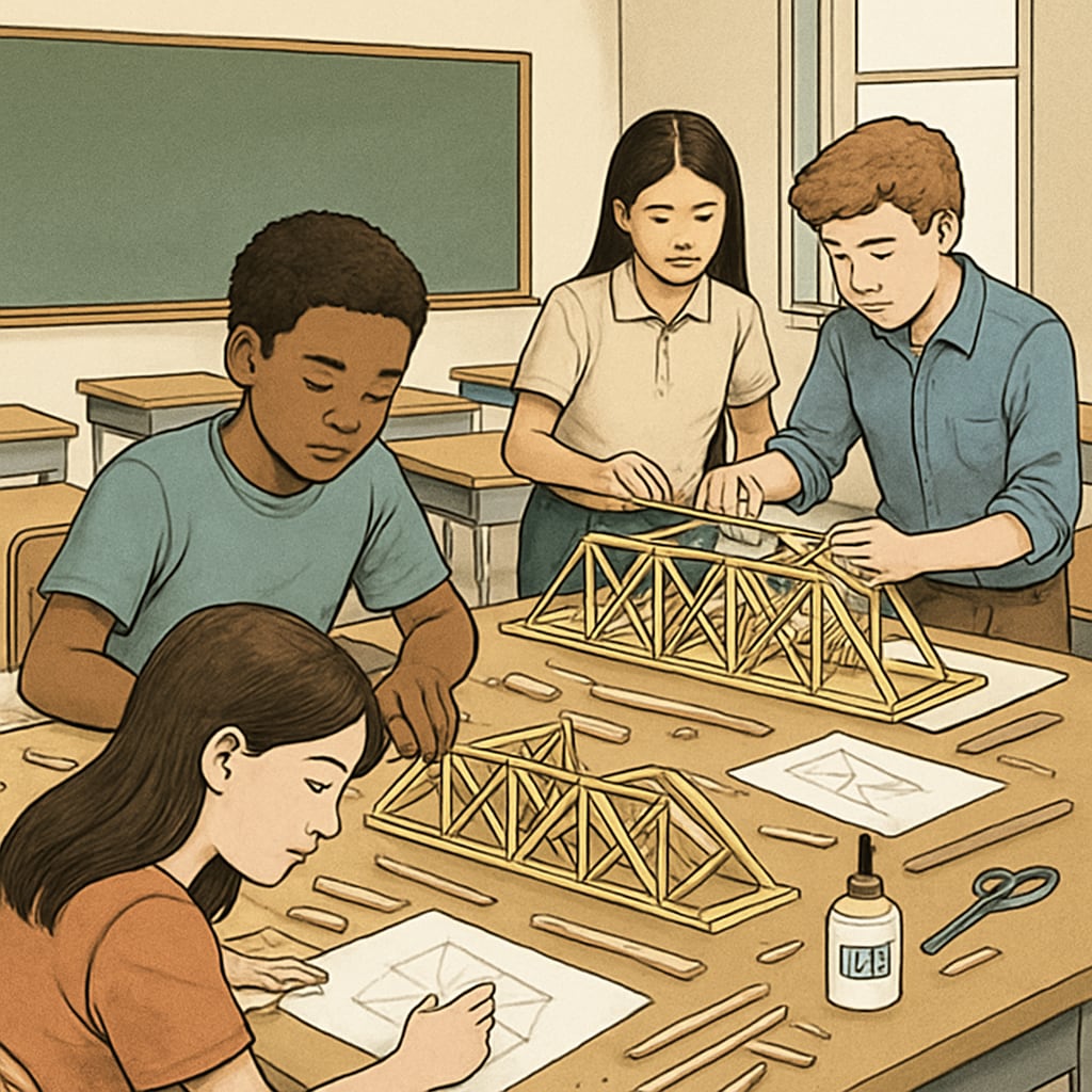 A classroom where students are collaboratively designing and building a bridge model, showcasing the integration of engineering principles and artistic creativity. Students designing and building a bridge model in a STEAM classroom.