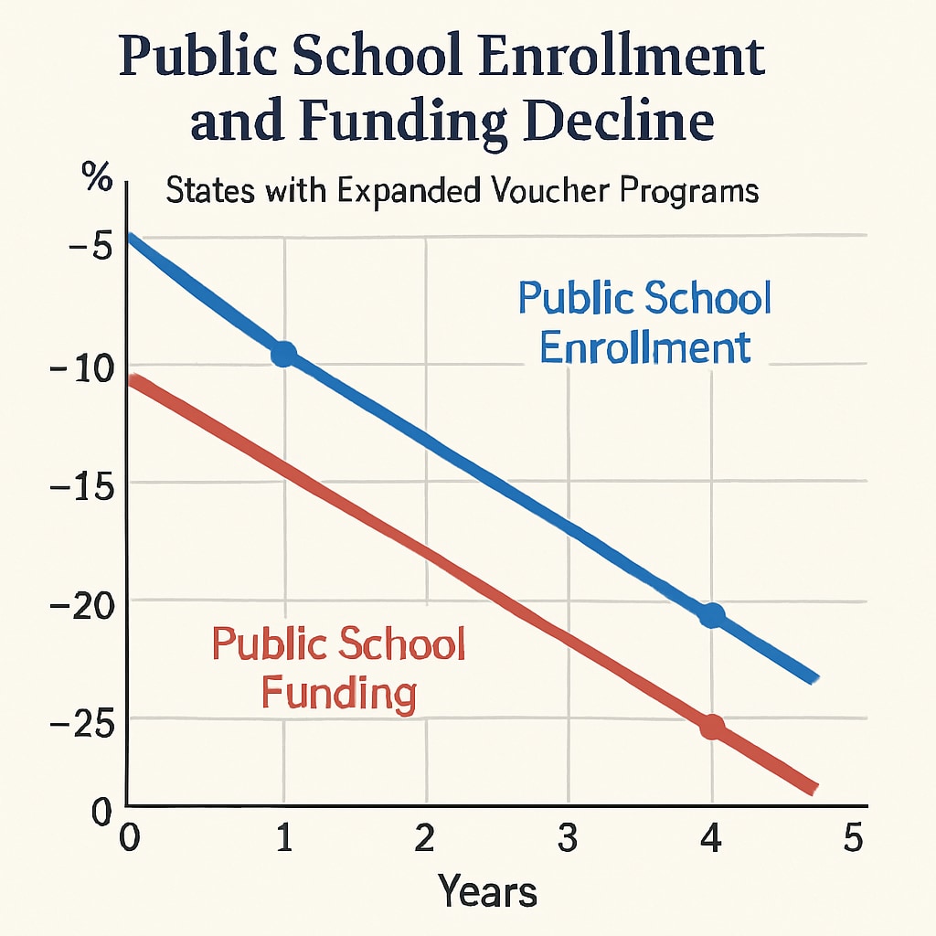 A graph showing the decline in public school enrollment and funding over time in states with expanded voucher programs. Graph depicting enrollment and funding trends in public schools affected by voucher programs.