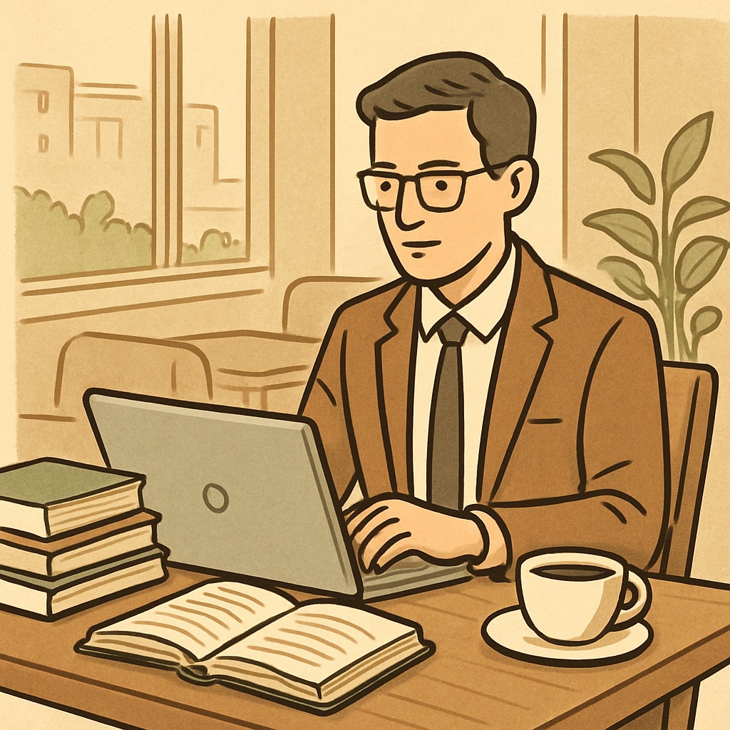 A professional working on a laptop in a café, balancing study and work responsibilities. A professional balancing study and work responsibilities, highlighting time management strategies.