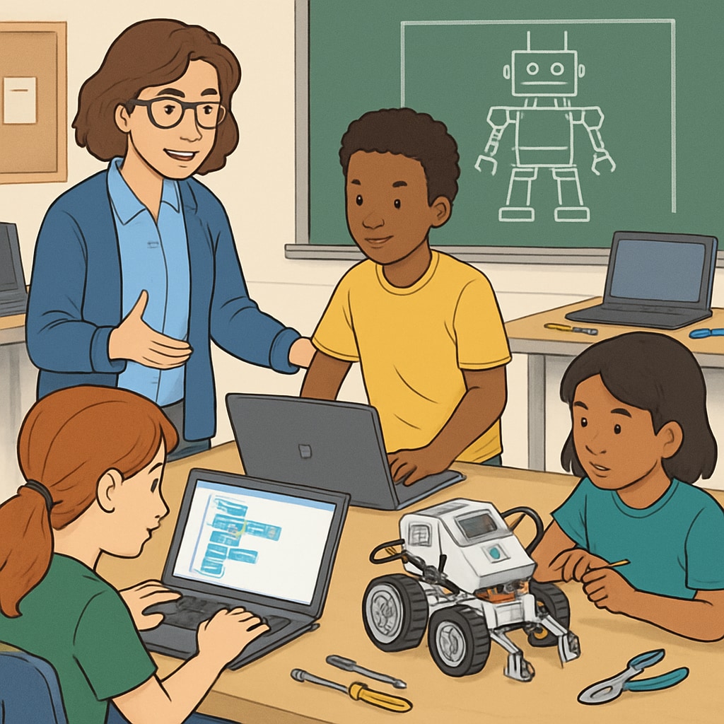 A robotics workshop where an educator and students are programming a robot, highlighting the synergy between engineering skills and teaching practices. Educator and students programming a robot in a hands-on workshop.