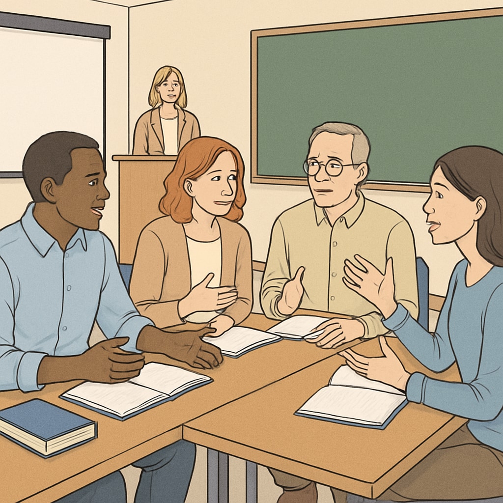 A university classroom with adult students engaged in discussion, symbolizing lifelong learning. Adult students in a university classroom, representing the pursuit of a master’s degree alongside work.