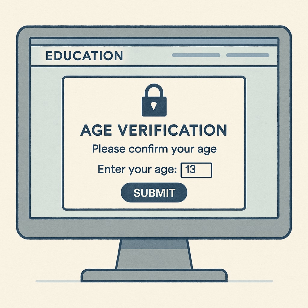 A screen showing an age verification prompt on an educational website, highlighting barriers to access. Age verification prompt impacting access to educational resources.