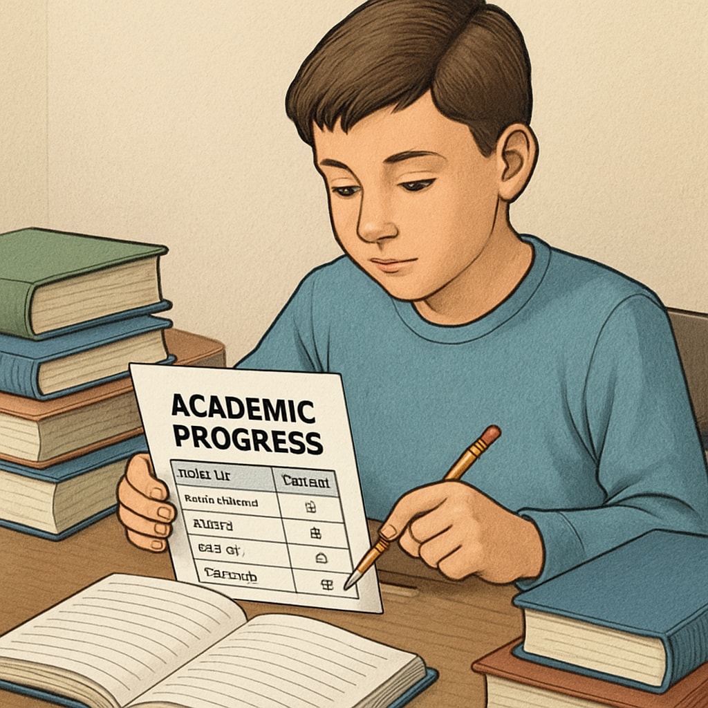 A young student assessing their academic progress with books and a notebook in a study environment. Student evaluating their academic progress in a study setup.