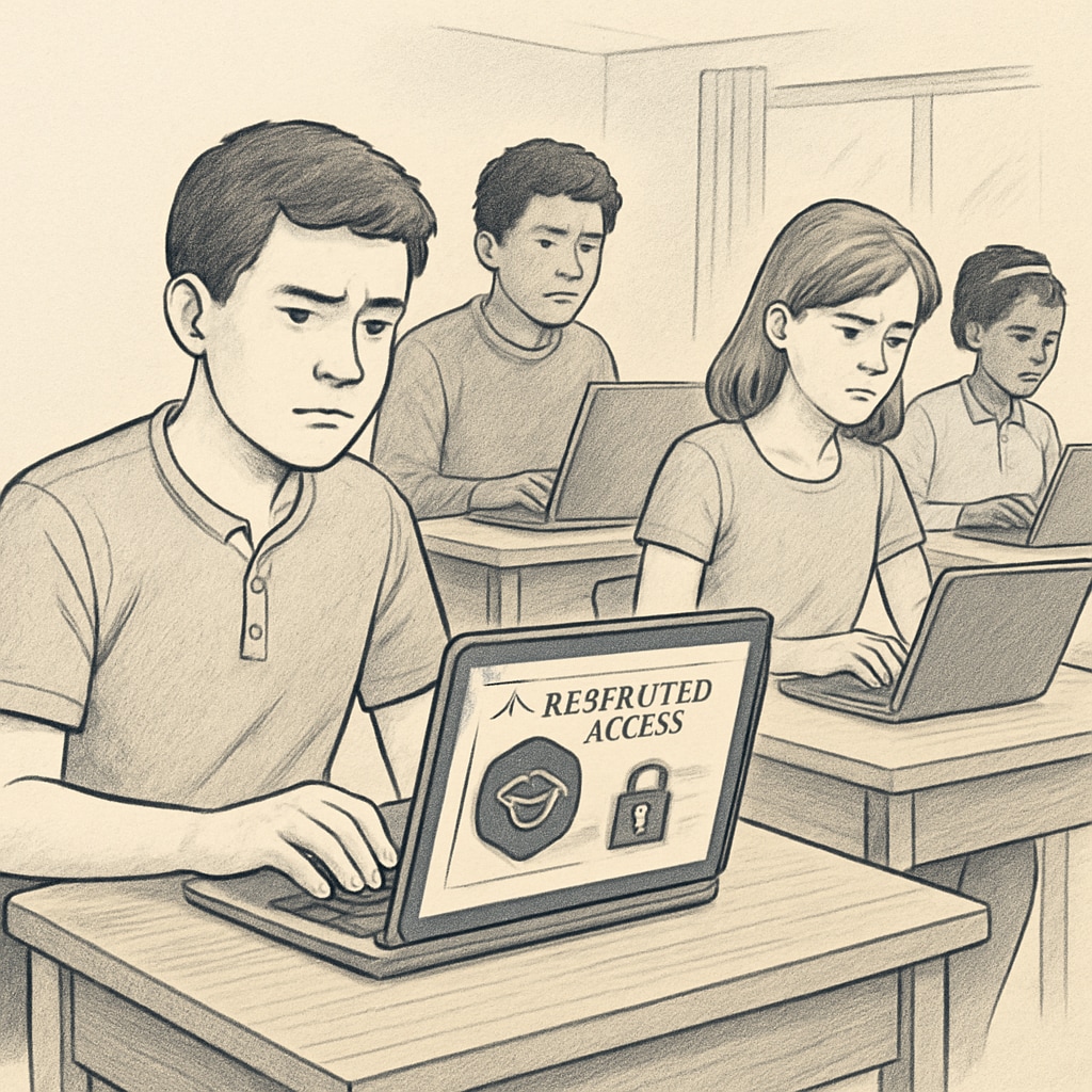 A group of students working on laptops, encountering restricted access to online content, emphasizing educational challenges. Students facing content restrictions during online learning.