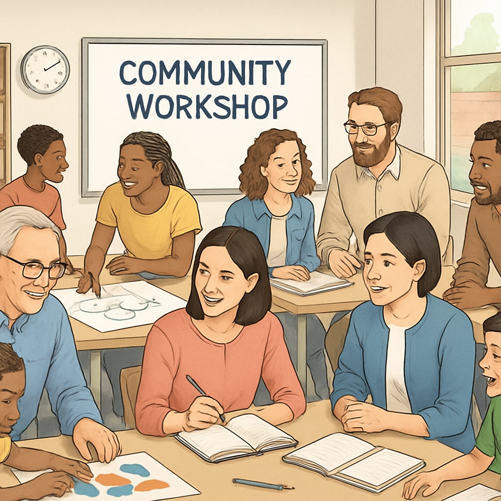 A community learning workshop featuring diverse students engaging in discussions and activities. Community education workshop promoting collaborative learning.