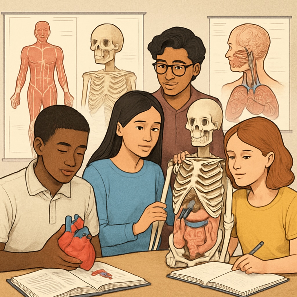 A group of diverse students exploring medical models and learning anatomy basics in a classroom setting. Students learning anatomy basics as part of medical education resources.